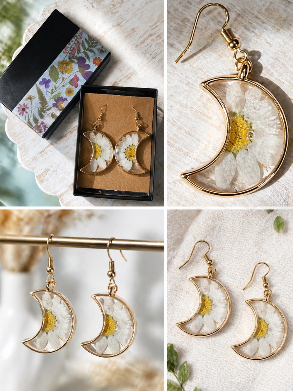 Gold Moon Daisy Resin Drop Earrings - Women Jewelry